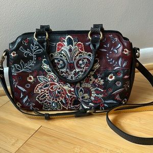 Patricia Nash Provençal Escape Embroidered Black Red Leather Satchel handbag